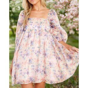 Romantic Watercolor Floral Puff Sleeve Mini Dress By Storia Soft Gauze Feminine